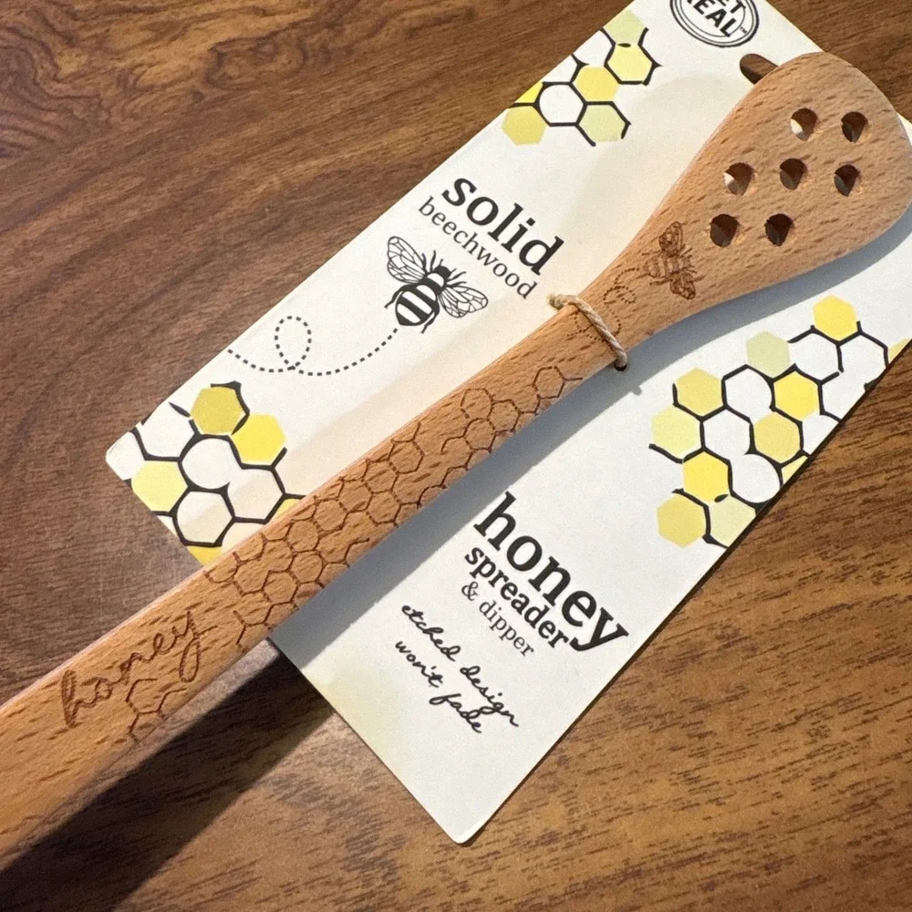 Beechwood Honey Spreader and Dipper‎ Wooden Spoon with Etched Bee and Honeycomb